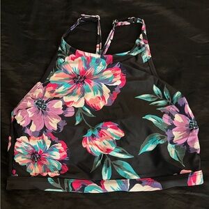 Eco Beach Floral High Neck Bikini Top Racerback Swim Top Black Medium M